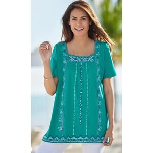 Woman Within Size 18/20 Teal Geo Aztec Embroidered Square Neck Tunic Top READ